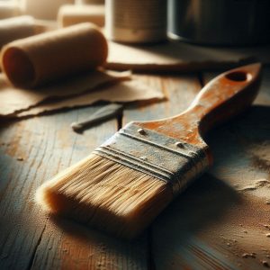 A close-up image of a well-used paintbrush resting on a wooden table, bristles slightly stained with